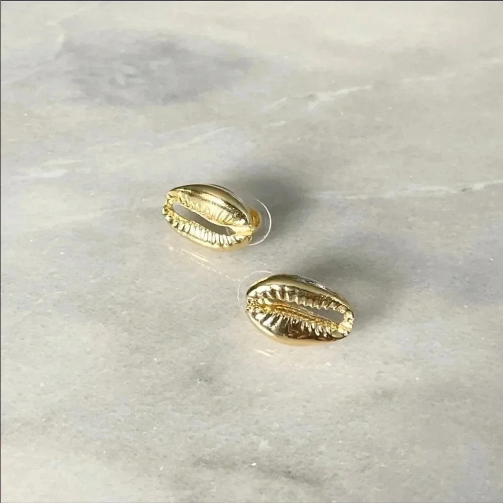 Gold Plated Cowrie Stud Earrings - Picture 2 of 6